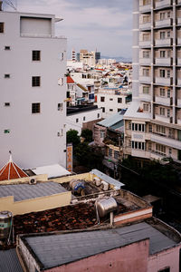 High angle view of buildings against sky