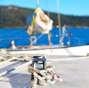 Close-up of boat moored at harbor