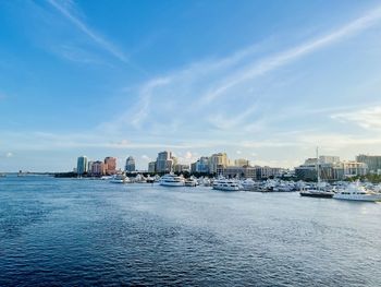 Scenic view of sea against sky in city