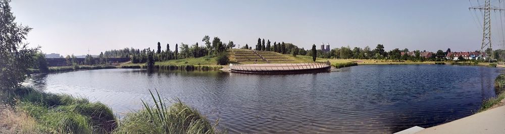 Panoramic view of lake against clear sky