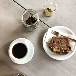 High angle view of breakfast served on table