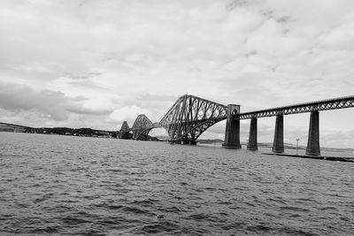 View of suspension bridge against cloudy sky