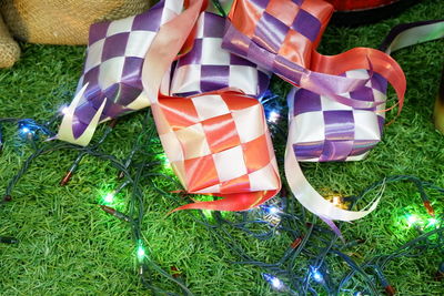 High angle view of christmas decorations on field