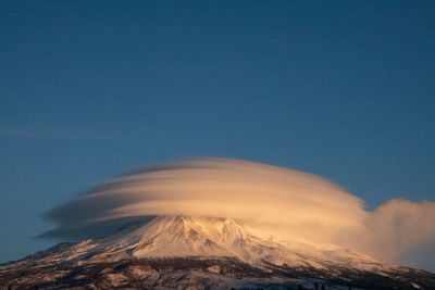 Low angle view of snowcapped mountain against clear sky