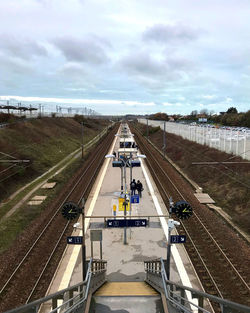 High angle view of railroad tracks against sky