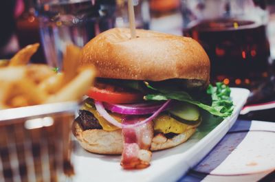 Close-up of burger in plate