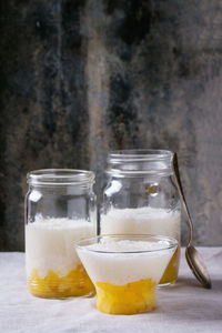 Close-up of drink in glass jar on table