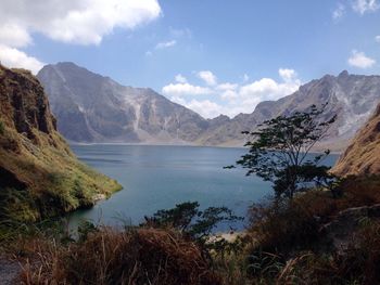 Scenic view of lake against cloudy sky