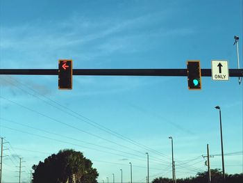 Low angle view of road sign against sky