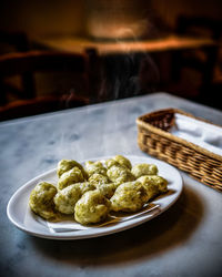 High angle view of food in plate on table