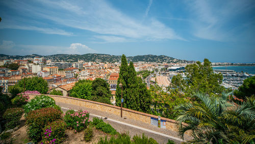 High angle view of buildings in city against sky