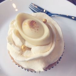 High angle view of cupcake in plate