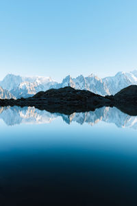 Scenic view of lake and snowcapped mountains against clear blue sky