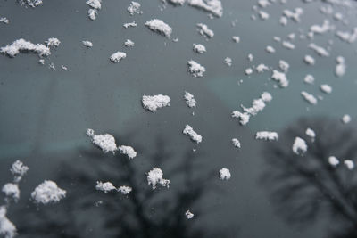 High angle view of wet window during winter