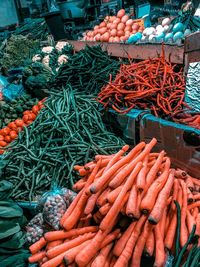 High angle view of vegetables for sale at market stall