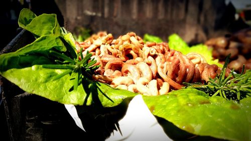 Close-up of chopped vegetables on leaves