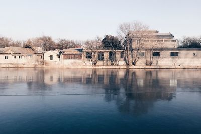 Reflection of building in lake against clear sky