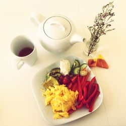 High angle view of breakfast on table