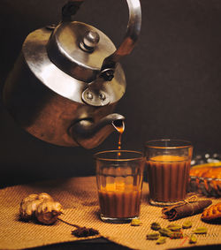Close-up of coffee served on table