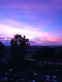 Silhouette trees and buildings against sky at sunset