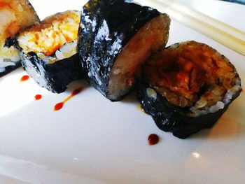 Close-up of sushi served in plate