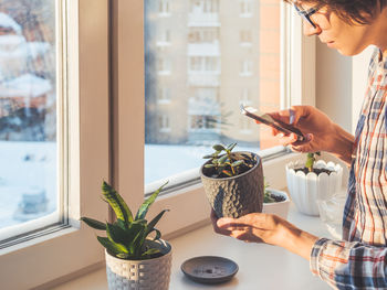 Woman takes pictures of succulent plants with smartphone. flower pots with sansevieria, crassula. 