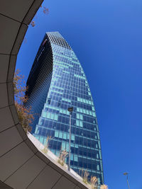 Low angle view of modern glass building against clear blue sky