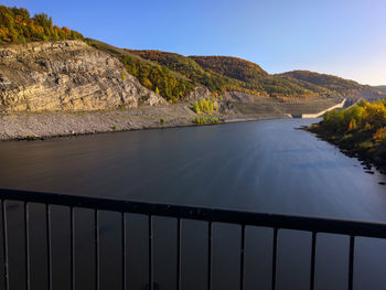 Scenic view of lake against clear blue sky