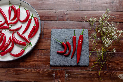 Red hot chilli peppers in a white tray on wooden background. spicy.
