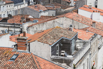 High angle view of residential buildings in city