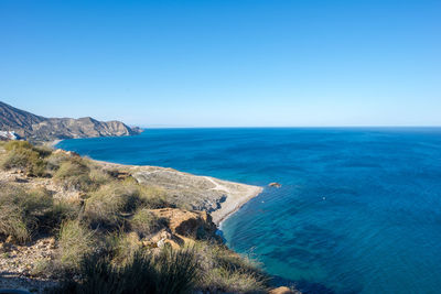 Scenic view of sea against clear blue sky