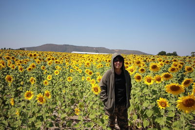 Portrait of woman standing in sunflower field against clear sky