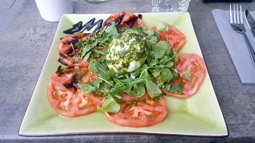 High angle view of food in plate on table