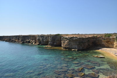 Scenic view of sea against clear blue sky