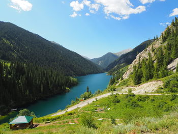 Scenic view of lake and mountains against sky