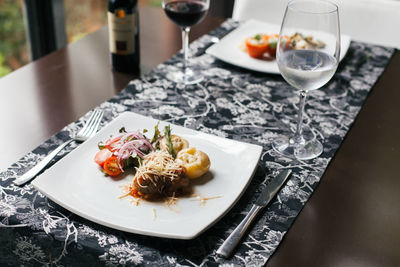 High angle view of food in plate on table