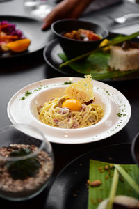 Close-up of meal served on table