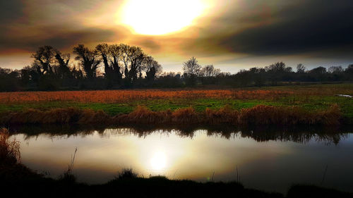 Scenic view of lake against sky during sunset