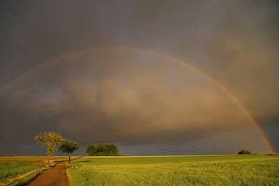 Idyllic shot of rainbow over landscape against cloudy sky