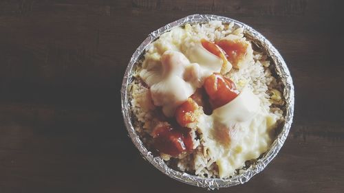 High angle view of breakfast in bowl on table