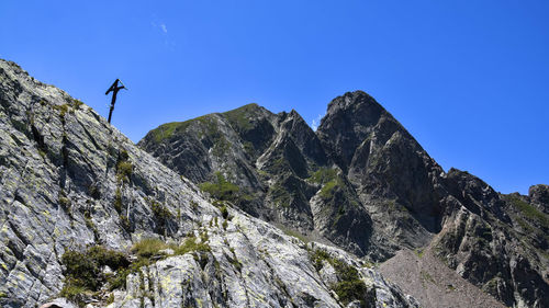 Low angle view of rock formation against clear blue sky