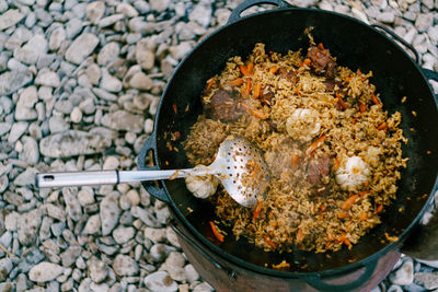 High angle view of food in cooking pan