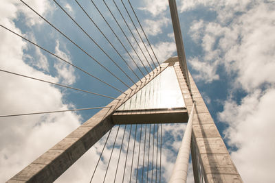 Low angle view of suspension bridge against cloudy sky