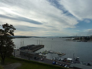 Scenic view of sea against sky in city