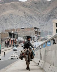 Rear view of an afghan boy enjoying a donkey ride