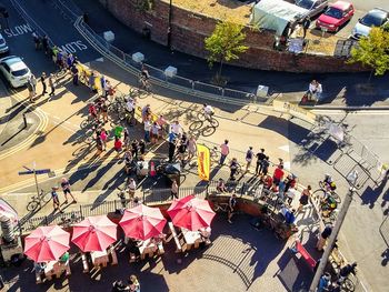 High angle view of people on street