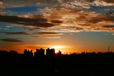 Silhouette cityscape against sky during sunset