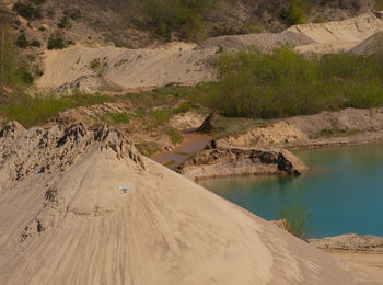 Gravel quarrying in a gravel pit during a drone flight