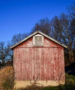 House on field against clear blue sky