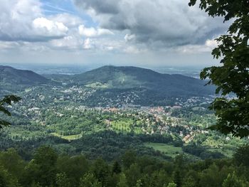 Scenic view of mountains against cloudy sky